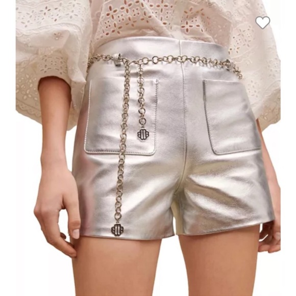 MAJE IROSUM LEATHER SHORTS Silver NWT Size-38 no belt - Picture 2 of 8